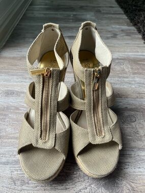 Michael Kors Tan Wedge Sandals with Gold Front Zipper